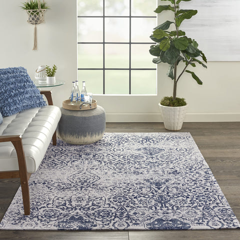 Nourison Damask Vintage Ivory/Navy 3'6" x 5'6" Area Rug, Easy Cleaning, Non Shedding, Bed Room, Living Room, Dining Room, Kitchen (3x5)