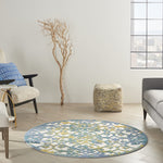 Nourison Aloha Indoor/Outdoor Ivory Blue 4' x Round Area Rug, Transitional, French Country, Easy Cleaning, Non Shedding, Bed Room, Kitchen, Living Room, Deck, Backyard, (4' Round)