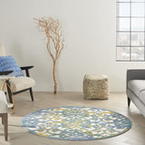 Nourison Aloha Indoor/Outdoor Ivory Blue 4' x Round Area Rug, Transitional, French Country, Easy Cleaning, Non Shedding, Bed Room, Kitchen, Living Room, Deck, Backyard, (4' Round)