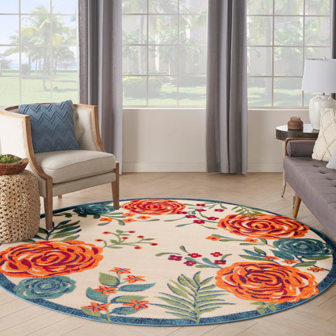 Nourison Aloha Indoor/Outdoor Ivory Multicolor 5'3" x Round Area Rug, Easy-Cleaning, Non Shedding, Bed Room, Living Room, Dining Room, Backyard, Deck, Patio (5 Round)