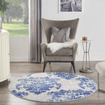 Nourison Whimsicle Damask Ivory Navy 5' x round Area Rug, Easy Cleaning, Non Shedding, Bed Room, Living Room, Dining Room, Kitchen (5 Round)