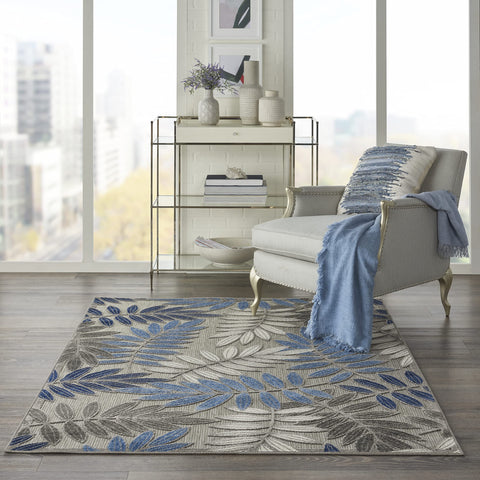 Nourison Aloha Indoor/Outdoor Grey/Blue 5'3" x 7'5" Area Rug, Easy Cleaning, Non Shedding, Bed Room, Living Room, Dining Room, Backyard, Deck, Patio (5x7)
