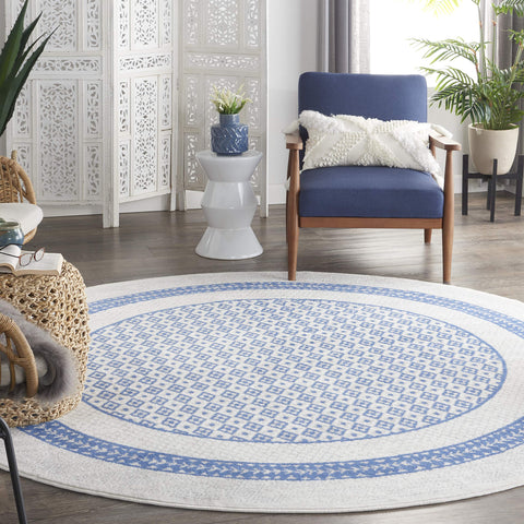 Nourison Whimsicle Geometric Ivory Blue 8' x Round Area Rug, Easy Cleaning, Non Shedding, Bed Room, Living Room, Dining Room, Kitchen (8 Round)