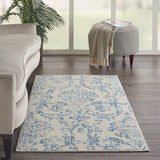Nourison Jubilant Damask Ivory/Blue 3' x 5' Area-Rug, Easy-Cleaning, Non Shedding, Bed Room, Living Room, Dining Room, Kitchen (3x5)