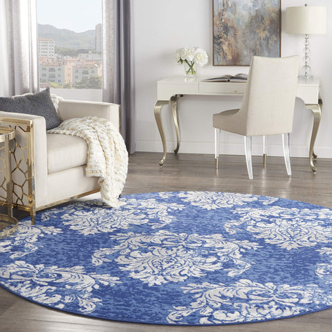 Nourison Whimsicle Damask Navy Ivory 8' x Round Area Rug, Easy Cleaning, Non Shedding, Bed Room, Living Room, Dining Room, Kitchen (8 Round)