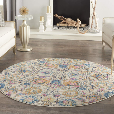 Nourison Passion Ivory/Multi 4' x Round Area Rug, Boho, Moroccan, Bed Room, Living Room, Dining Room, Kitchen, Easy Cleaning, Non Shedding, (4' Round)
