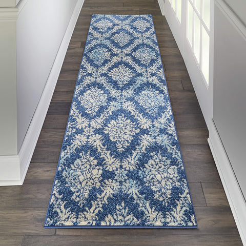Nourison Tranquil Damask Navy/Light Blue 2'3" x 7'3" Area-Rug, Easy-Cleaning, Non Shedding, Bed Room, Living Room, Dining Room, Kitchen (2x7)