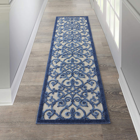 Nourison Aloha Indoor/Outdoor Grey/Blue 2'3" x 10' Area Rug, Transitional, French Country, Easy Cleaning, Non Shedding, Bed Room, Kitchen, Living Room, Deck, Backyard, (10' x Runner)
