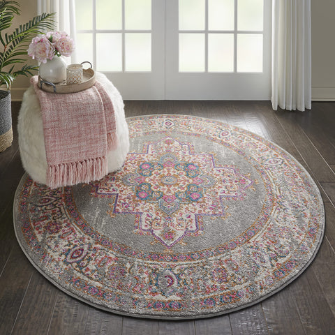 Nourison Passion Grey 5'3" x Round Area Rug, Boho, Traditional, Easy Clean, Non Shedding, Bed Room, Living Room, Hallway, (5' Round)