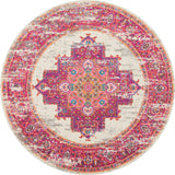 Nourison Passion Ivory/Fuchsia 5'3'' x Round Area--rug, Boho, Traditional, Easy--cleaning, Non Shedding, Bed Room, Living Room, Hallway, (5' Round)