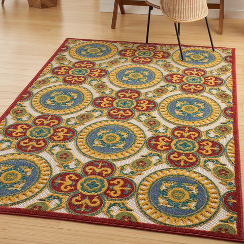 Nourison Aloha Indoor/Outdoor Red/Multi 3'6" x 5'6" Area Rug, Easy Cleaning, Non Shedding, Bed Room, Living Room, Dining Room, Patio, Deck, Backyard (4x6)