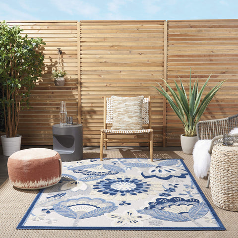 Nourison Aloha Indoor/Outdoor Blue/Grey 5'3" x 7'5" Area Rug, Floral, Contemporary, Easy-Cleaning, Non-Shedding, Bed Room, Living Room, Deck, Backyard, (5' x 7')