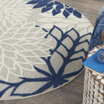 Nourison Aloha Indoor/Outdoor Floral Ivory/Navy 5'3" x Round Area Rug, (5' Round)
