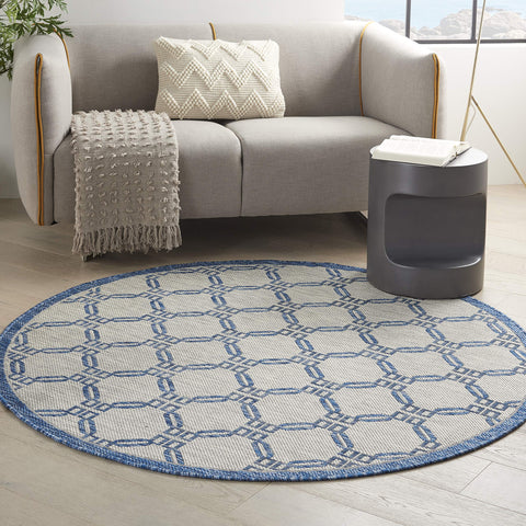 Nourison Garden Party Ivory Blue 5'3" x Round Area Rug, Traditional, Trellis, Bed Room, Living Room, Dining Room, Kitchen, Easy Cleaning, Non Shedding, (5' Round)