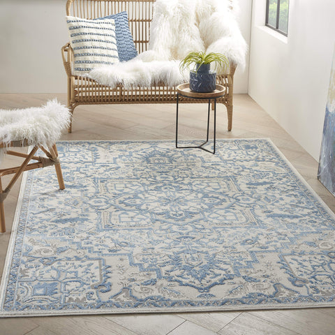 Nourison Elation Floral Ivory Blue 2'3" x 7'6" Area -Rug, Easy -Cleaning, Non Shedding, Bed Room, Living Room, Dining Room, Kitchen (2x7)