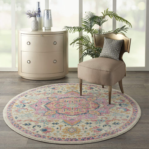 Nourison Passion Ivory/Pink 5'3" x Round Area Rug, Boho, Moroccan, Bed Room, Living Room, Dining Room, Kitchen, Easy Cleaning, Non Shedding, (5' Round)