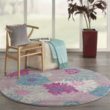 Nourison Passion Grey 5'3" x Round Area Rug, Floral, Farmhouse, Easy Cleaning, Non Shedding, Bed Room, Living Room, Dining Room, Kitchen, (5' Round)