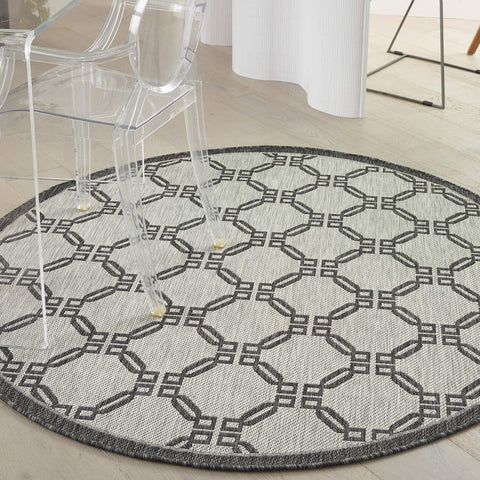 Nourison Garden Party Ivory/Charcoal 5'3" x Round Area Rug, Traditional, Trellis, Bed Room, Living Room, Dining Room, Kitchen, Easy Cleaning, Non Shedding, (5' Round)