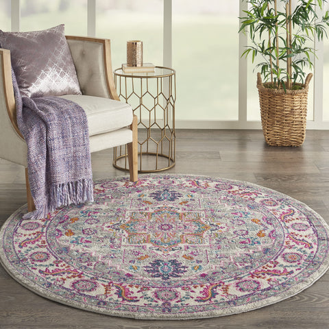 Nourison Passion Bohemian Light Grey/Pink 5'3" x Round Area -Rug, Easy -Cleaning, Non Shedding, Bed Room, Living Room, Dining Room, Kitchen (5 Round)