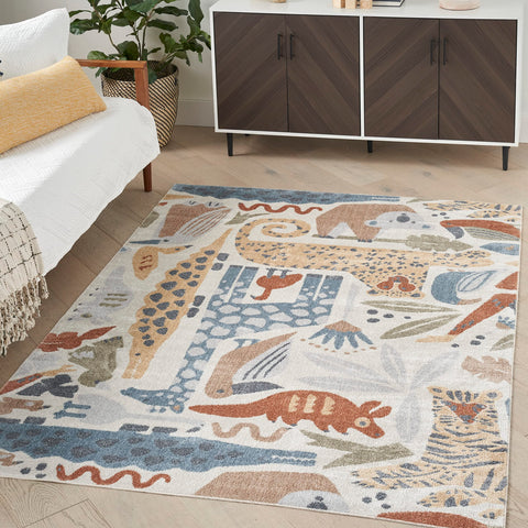 Nourison Astra Machine Washable Contemporary Ivory 5'3" x 7' Kids Area Rug, Easy Clean, Non Shedding, Bed Room, Living Room, Dining Room, Kitchen (5x7)