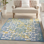 Nourison Aloha Indoor/Outdoor Ivory Blue 5'3" x 7'5" Area Rug, Transitional, French Country, Easy Cleaning, Non Shedding, Bed Room, Kitchen, Living Room, Deck, Backyard, (5' x 7')