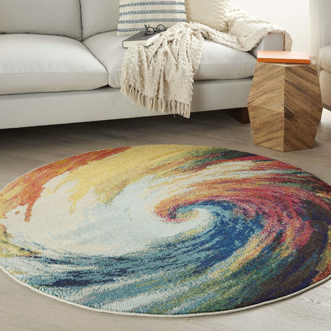 Nourison Celestial Multicolor Wave 4' x Round Area Rug, Abstract, Spiral, Bed Room, Living Room, Dining Room, Kitchen, Easy Cleaning, Non Shedding, (4' Round)