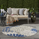 Nourison Aloha Indoor/Outdoor Floral Ivory/Navy 5'3" x Round Area Rug, (5' Round)