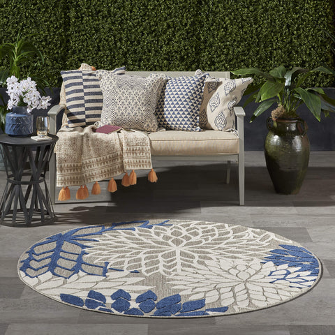 Nourison Aloha Indoor/Outdoor Floral Ivory/Navy 5'3" x Round Area Rug, (5' Round)