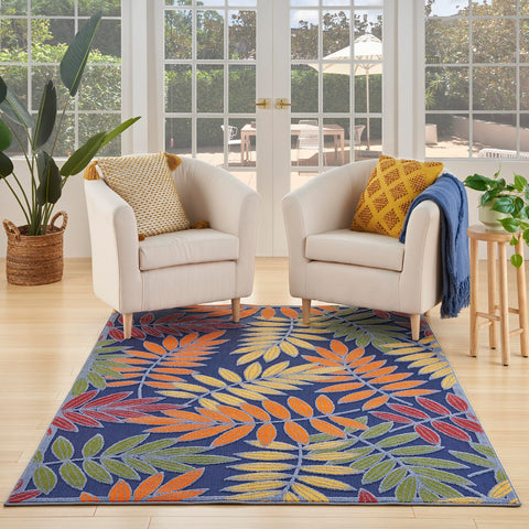 Nourison Aloha Indoor/Outdoor Navy Multicolor 3'6" x 5'6" Area Rug, Easy Cleaning, Non Shedding, Bed Room, Living Room, Dining Room, Backyard, Deck, Patio (4x6)