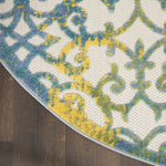 Nourison Aloha Indoor/Outdoor Ivory Blue 4' x Round Area Rug, Transitional, French Country, Easy Cleaning, Non Shedding, Bed Room, Kitchen, Living Room, Deck, Backyard, (4' Round)