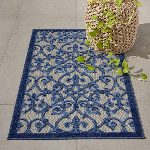 Nourison Aloha Indoor/Outdoor Grey/Blue 2'8" x 4' Area Rug, Transitional, French Country, Easy Cleaning, Non Shedding, Bed Room, Kitchen, Living Room, Deck, Backyard, (3' x 4')