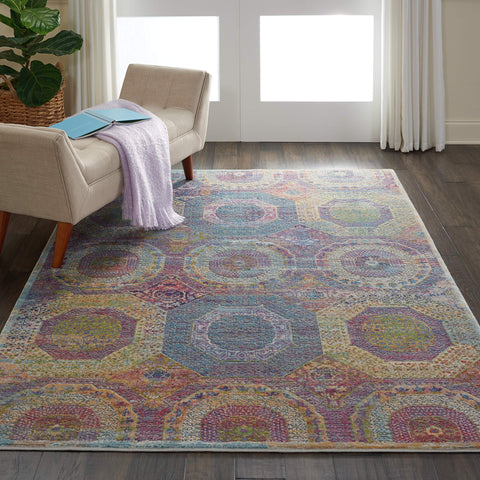 Nourison Global Vintage Geometric Multicolor 4' x 6' Area Rug, Easy Clean, Non Shedding, Bed Room, Living Room, Dining Room, Kitchen (4x6)