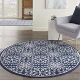 Nourison Jubilant Floral Navy/Ivory 5'3'' x Round Area-Rug, Easy-Cleaning, Non Shedding, Bed Room, Living Room, Dining Room, Kitchen (5 Round)