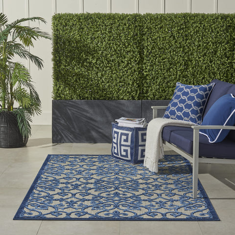 Nourison Aloha Indoor/Outdoor Grey/Blue 5'3" x 7'5" Area Rug, Transitional, French Country, Easy Cleaning, Non Shedding, Bed Room, Kitchen, Living Room, Deck, Backyard, (5' x 8')