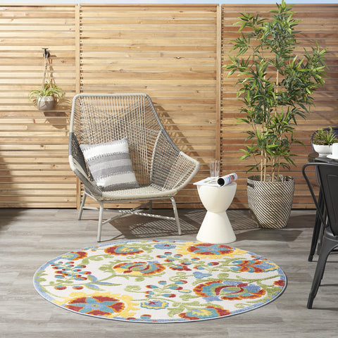 Nourison Aloha Indoor/Outdoor Ivory/Multi 5'3" x Round Area Rug, Easy Clean, Non Shedding, Bed Room, Living Room, Dining Room, Backyard, Deck, Patio (5 Round)