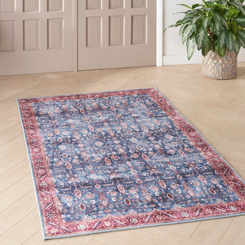Nourison Brilliance Machine Washable Traditional Vintage Blue/Brick 4' x 6' Area -Rug, Easy -Cleaning, Non Shedding, Bed Room, Living Room, Dining Room, Kitchen (4x6)
