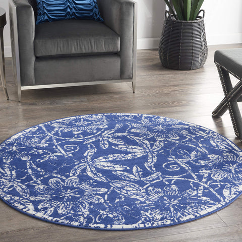 Nourison Whimsicle Floral Navy 5' x Round Area Rug, Easy Cleaning, Non Shedding, Bed Room, Living Room, Dining Room, Kitchen (5 Round)