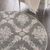 Nourison Tranquil Damask Grey/Pink 5'3" x Round Area-Rug, Easy-Cleaning, Non Shedding, Bed Room, Living Room, Dining Room, Kitchen (5 Round)