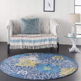 Nourison Passion Blue 5'3" x Round Area Rug, Floral, Farmhouse, Easy Cleaning, Non Shedding, Bed Room, Living Room, Dining Room, Kitchen, (5' Round)