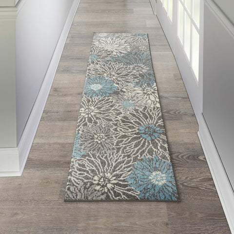 Nourison Passion Charcoal/Blue 2'2" x 7'6" Area Rug, Floral, Farmhouse, Easy Cleaning, Non Shedding, Bed Room, Living Room, Dining Room, Kitchen, (8' Runner)