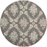 Nourison Tranquil Damask Grey/Pink 5'3" x Round Area-Rug, Easy-Cleaning, Non Shedding, Bed Room, Living Room, Dining Room, Kitchen (5 Round)