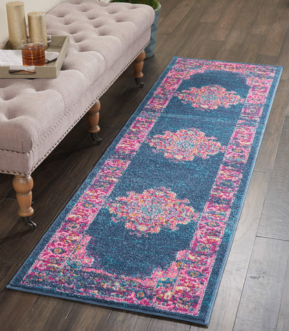 Nourison Passion Blue 2'2" x 10' Area Rug, Boho, Traditional, Easy Clean, Non Shedding, Bed Room, Living Room, Hallway, (10' Runner)