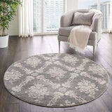 Nourison Tranquil Damask Grey/Pink 5'3" x Round Area-Rug, Easy-Cleaning, Non Shedding, Bed Room, Living Room, Dining Room, Kitchen (5 Round)