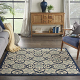 Nourison Caribbean Ivory/Navy 5'3" x Square Area Rug, Geometric, Floral, Bed Room, Living Room, Dining Room, Kitchen, Easy Cleaning, Non Shedding, (5' Square)