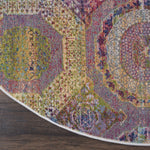Nourison Global Vintage Geometric Multicolor 4' x Round Area -Rug, Easy -Cleaning, Non Shedding, Bed Room, Living Room, Dining Room, Kitchen (4 Round)