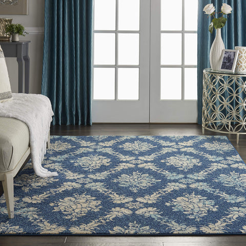 Nourison Tranquil Damask Navy/Light Blue 5'3" x 7'3" Area-Rug, Easy-Cleaning, Non Shedding, Bed Room, Living Room, Dining Room, Kitchen (5x7)