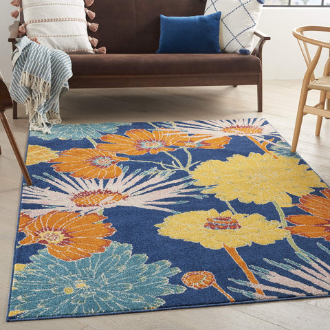 Nourison Allur Navy Multicolor 4' x 6' Area Rug, Modern, Floral, Bed Room, Living Room, Dining Room, Kitchen, Easy Cleaning, Non Shedding