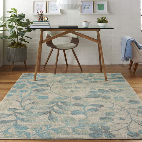 Nourison Tranquil Nature Ivory/Turquoise 5'3" x 7'3" Area -rug, Easy -cleaning, Non Shedding, Bed Room, Living Room, Dining Room, Kitchen (5x7)