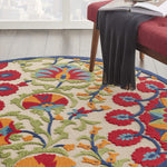 Nourison Aloha Indoor/Outdoor Red/Multi 4' x Round Area Rug, Easy Cleaning, Non Shedding, Bed Room, Living Room, Dining Room, Deck, Backyard, Patio (4 Round)