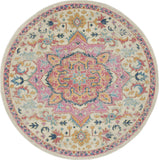 Nourison Passion Ivory/Pink 4' x Round Area Rug, Boho, Moroccan, Bed Room, Living Room, Dining Room, Kitchen, Easy Cleaning, Non Shedding, (4' Round)